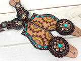 Sunflower Painted Tooled Teal Buckstitch Leather Spur Straps