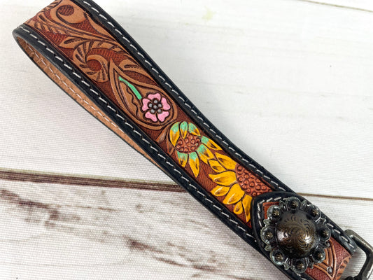Colorful Floral Tooled Wristlet Leather Wristlet Keychain