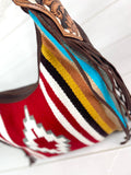 Red, Yellow, TurquoiseCross Wool Pattern Hobo Leather Fringe Handbag