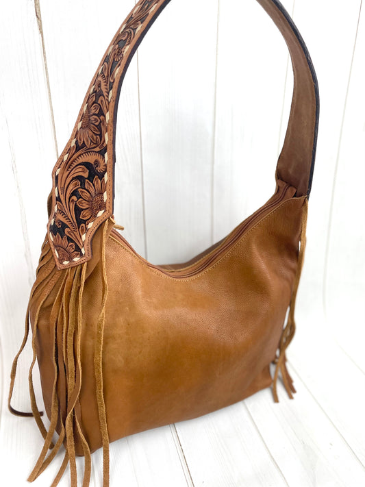 Tan Leather Tooled and Fringe Hobo Purse