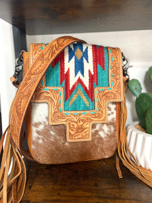 Monument Teal & Red Wool Pattern Inset Tooled Leather Over Hide