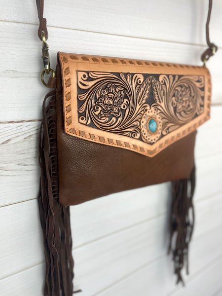 Leather Scroll Tooled Envelope Bag with Teal Stone