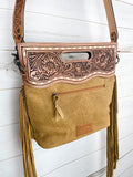 Tan Suede Brocade w/ Leather Handle Crossbody Bag