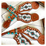 Teal and White Beaded Leather Spur Straps