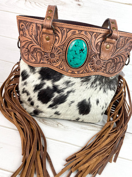 SALE! Turquoise Inset Hide Tooled Top Fringe Tote