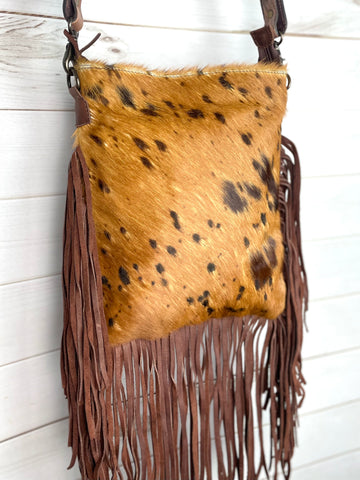 Tan & Brown Spotted Crossbody Hide Bag with Fringe