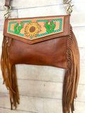 Cactus Sunflower Tooled Painted Leather Fringe Handbag