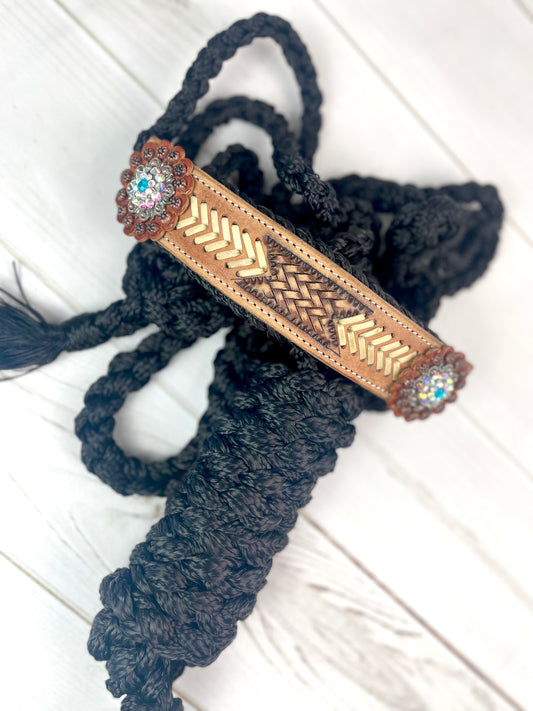 Arrow Stitch Leather Tooled Band on Black Muletape Halter