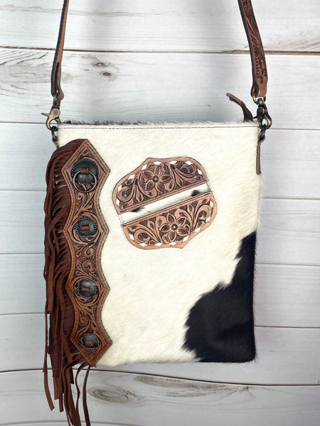 La Paz Hide Tooled Pocket Side Fringe Bag
