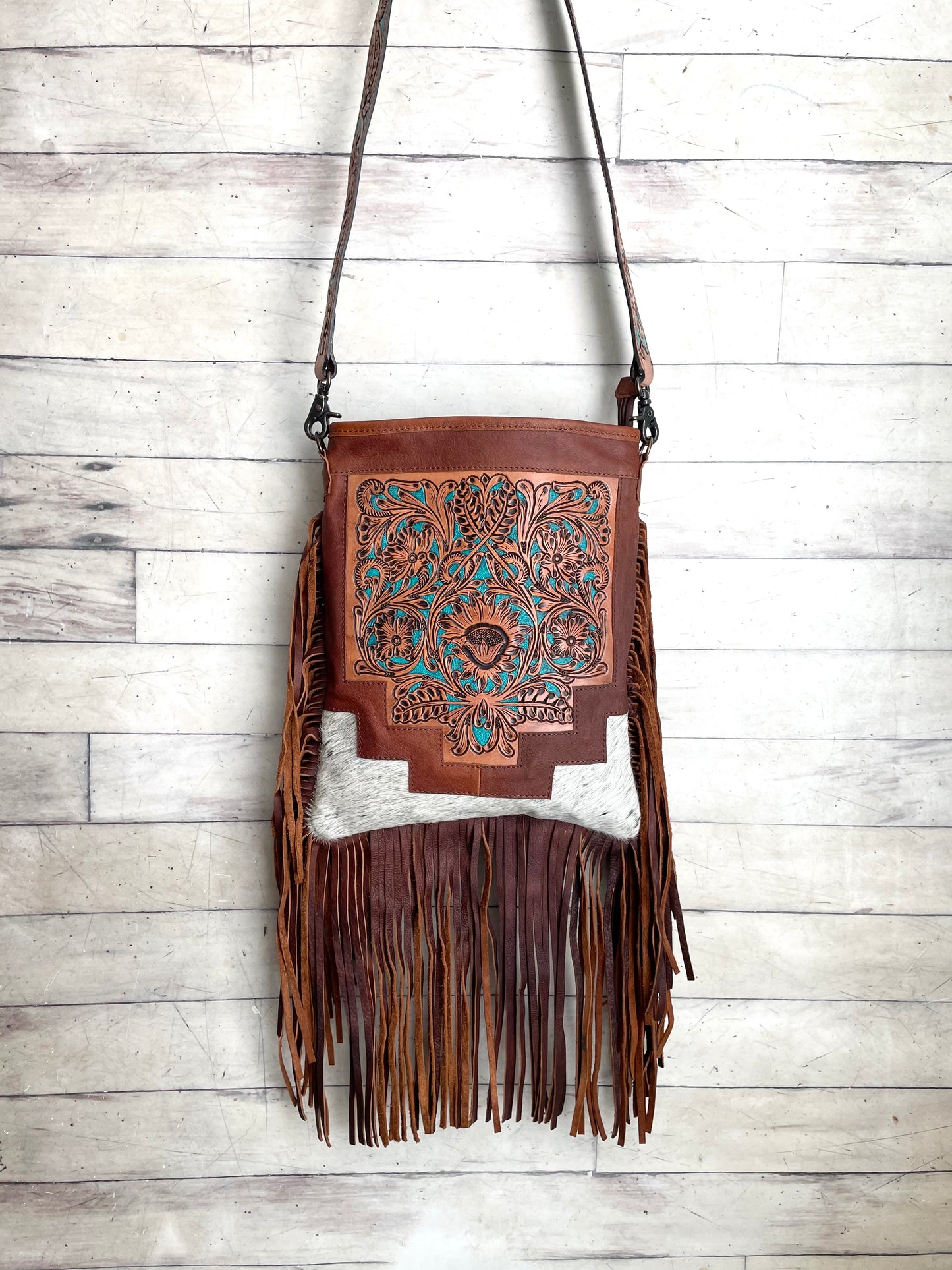 Country Turquoise Floral Tooled Fringe Leather Handbag