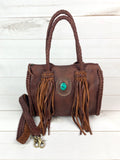 Mocha Leather Braided Handle Fringe Handbag