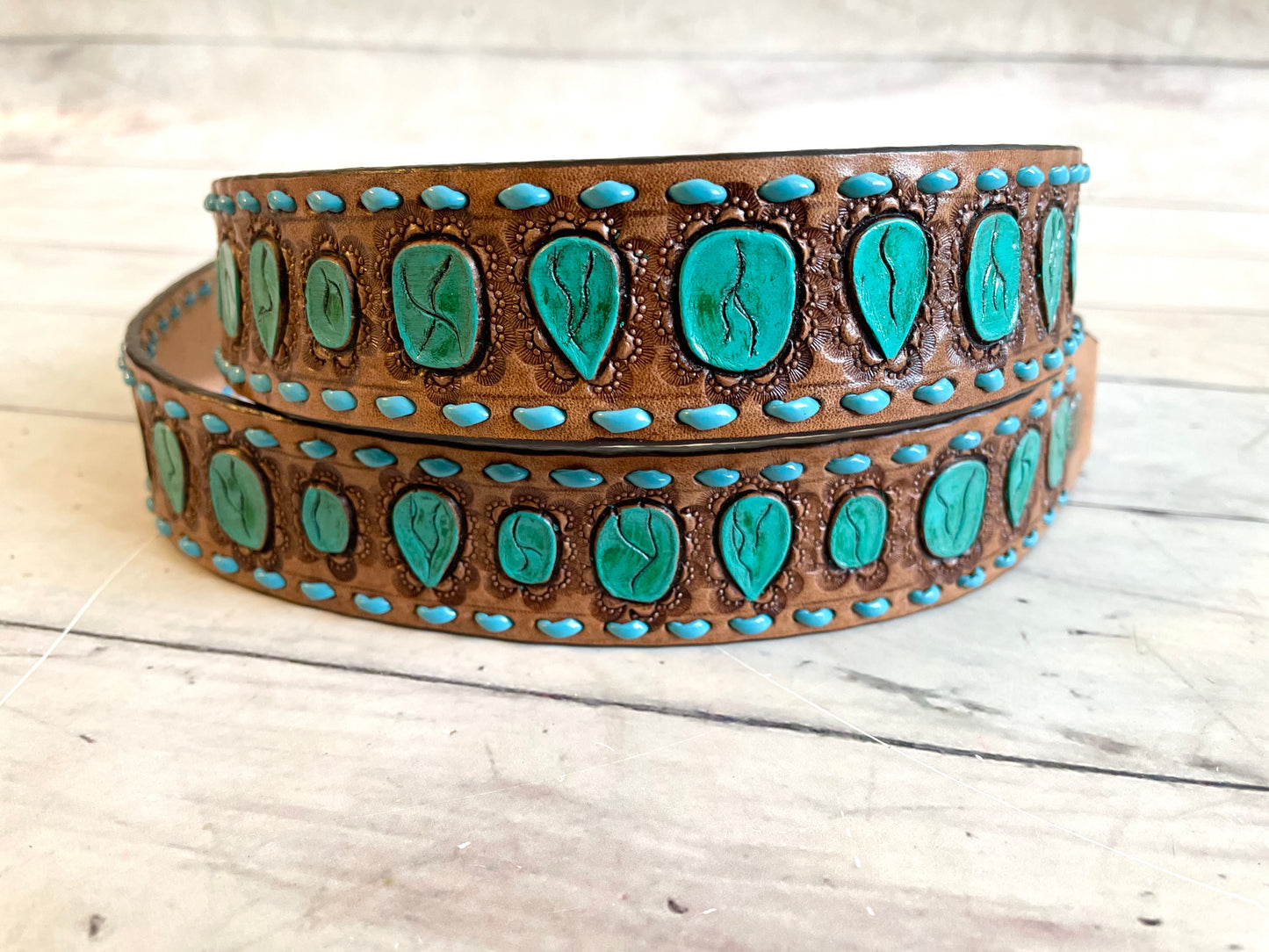 Turquoise Tooled Painted Teal Buckstitch Leather Handbag Strap