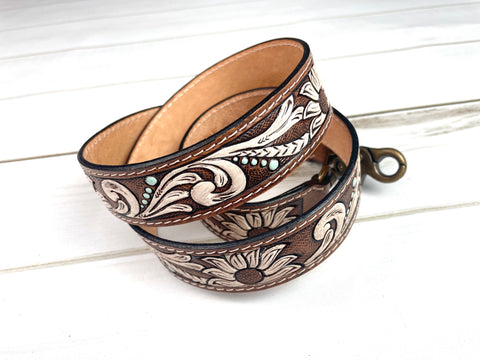 Brown and White Floral Scroll Painted Brown Handbag Strap