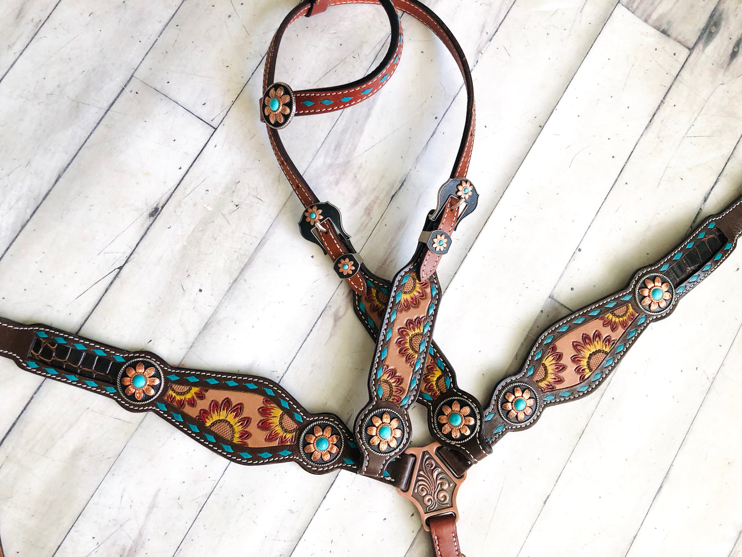 Sunflower Tooled Painted Inset Teal Buckstitch Tack Set