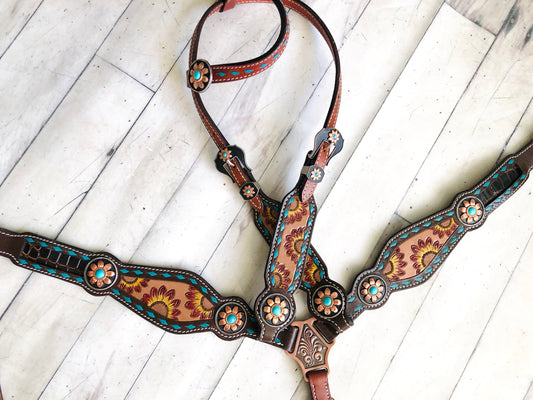 Sunflower Tooled Painted Inset Teal Buckstitch Tack Set