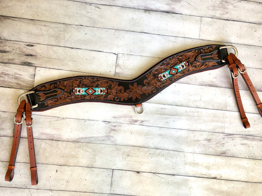 Teal Beaded Inset Leather Tooled Tripping Collar