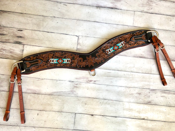 Teal Beaded Inset Leather Tooled Tripping Collar
