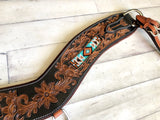 Teal Beaded Inset Leather Tooled Tripping Collar