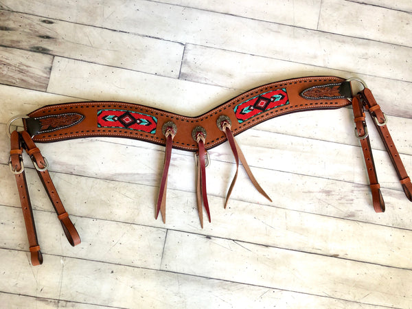 Red Beaded Inset Leather Tassel Concho Tripping Collar